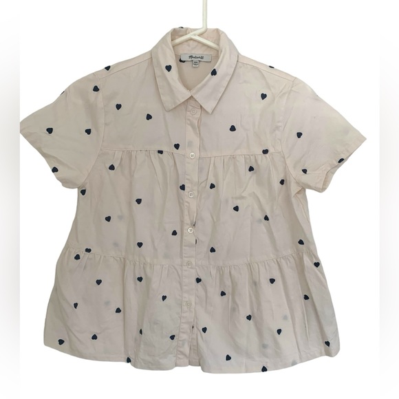 Madewell Embroidered Heart Seamed Short Sleeve Button Down Blouse Size XXS - Picture 6 of 7